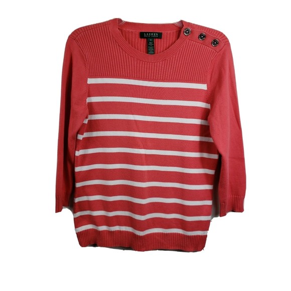 Womens Ralph Lauren Medium Sweater Striped White Pink w/ Cotton Stretch - Picture 1 of 11